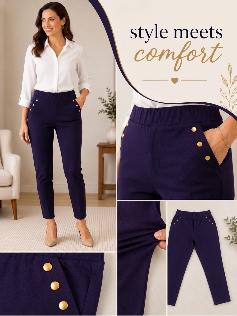 💜 Stylish Pants with Gold Button Detail - Elastic Waist